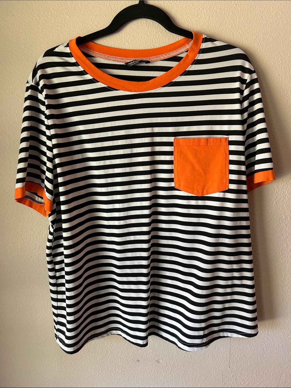 SHEIN Black & White Striped Short Sleeve Tee with Orange Trim